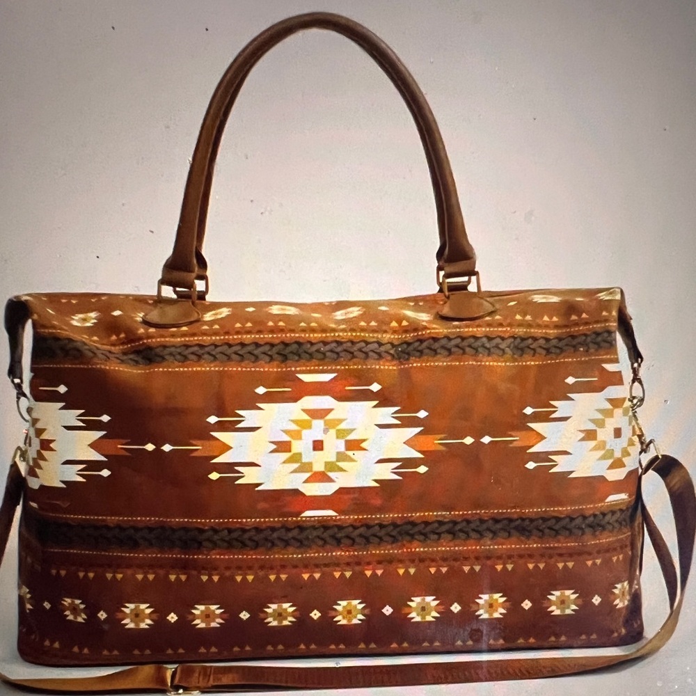 Brown and White Geometric Travel Bag with Leather Handles